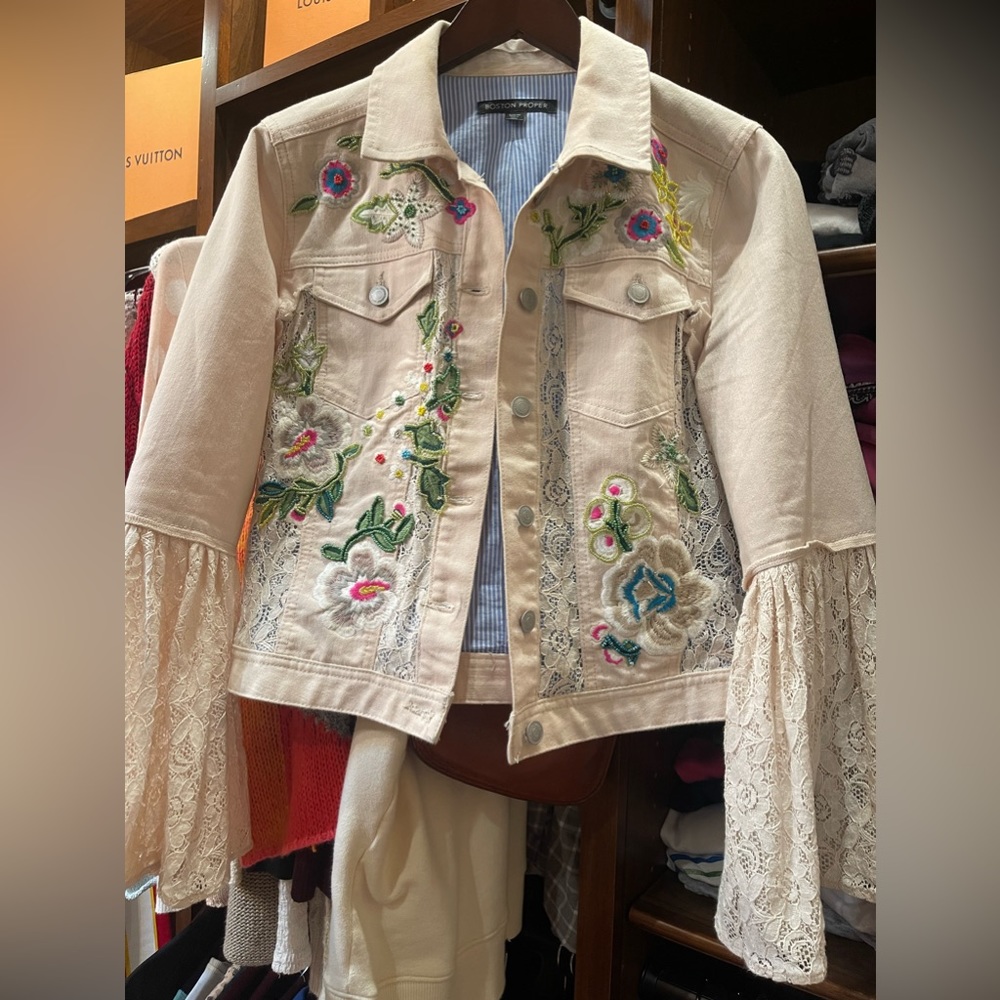 Boston Proper Cream Bead Lace Embellished Jean Jacket